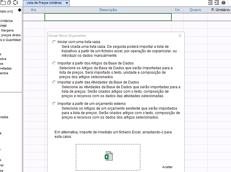 Várias opções de importação da lista de preços para o visualorc