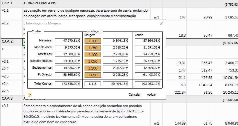 Introduzir margens diferenciais no orçamento