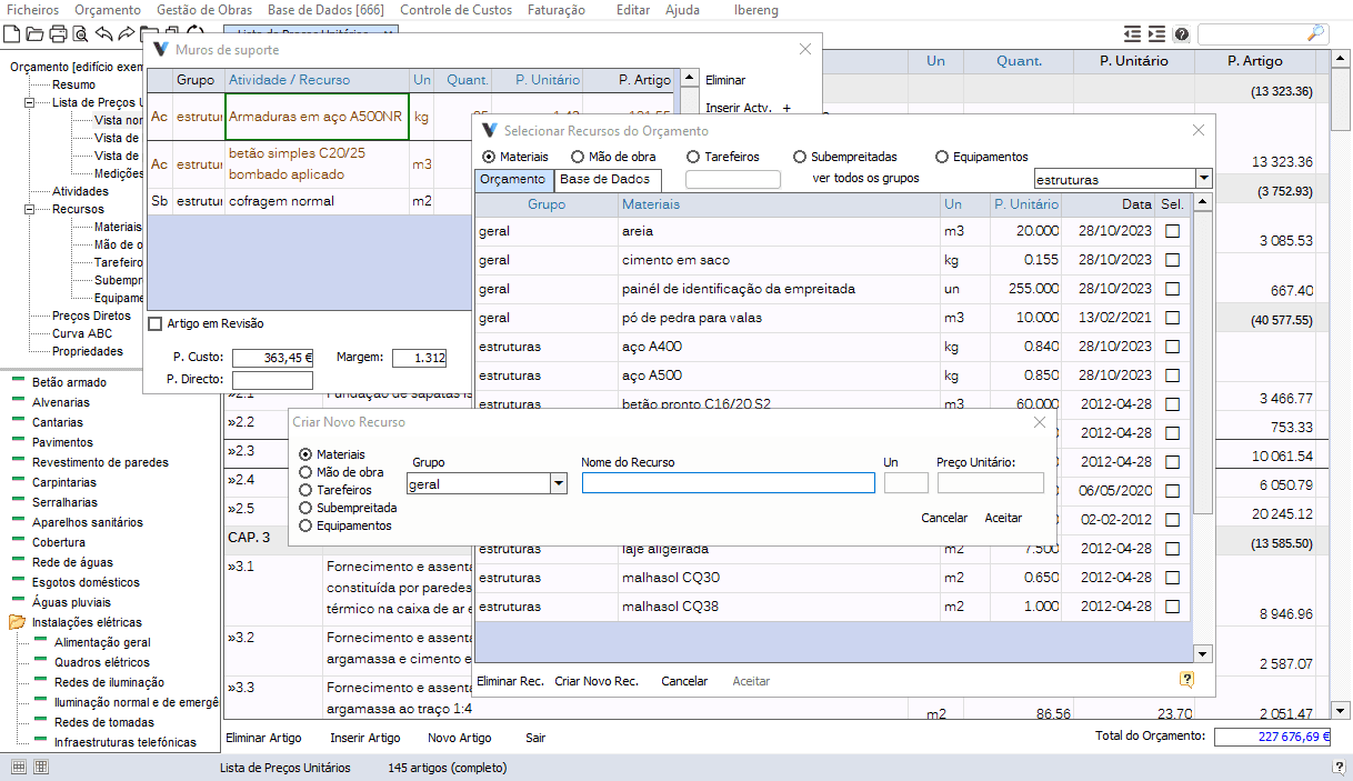 Composição de preços do orçamento