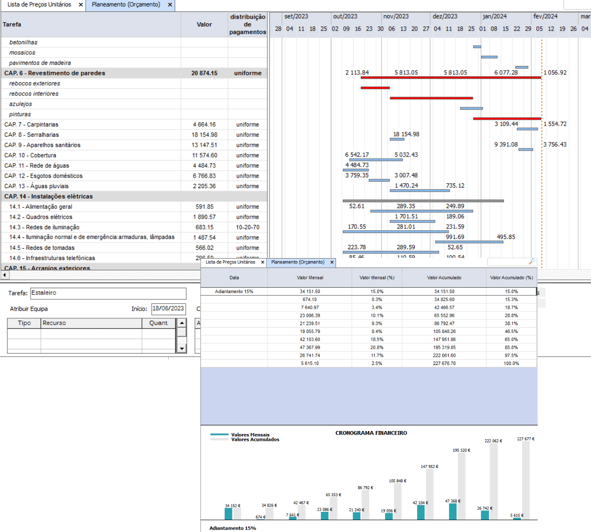 Plano de pagamentos e cronograma financeiro